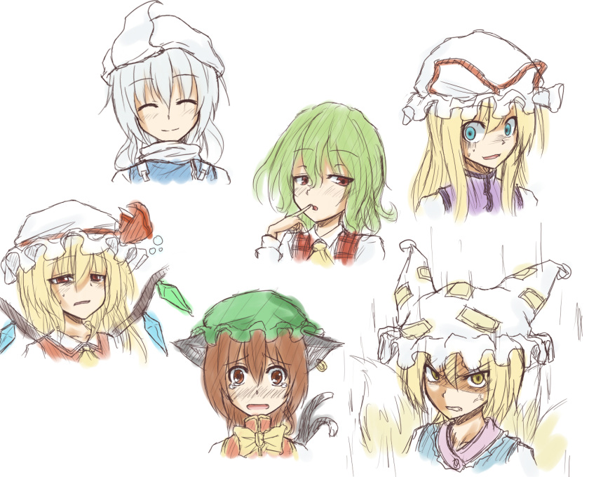 anger_vein animal_ears blonde_hair blue_eyes brown_eyes brown_hair cat_ears cat_tail chen closed_eyes eyes_closed finger_to_mouth flandre_scarlet flask_(pandora) fox_tail green_hair hat highres jewelry kazami_yuuka letty_whiterock long_hair multiple_girls multiple_tails open_mouth red_eyes short_hair simple_background single_earring smile tail touhou white_background yakumo_ran yakumo_yukari yellow_eyes