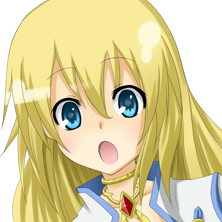 1girl :o blonde_hair colette_brunel collarbone face flask_(pandora) highres long_hair looking_at_viewer open_mouth portrait simple_background solo tales_of_(series) tales_of_symphonia white_background