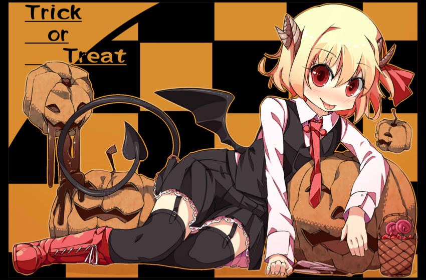 bat_wings black_legwear blonde_hair blush boots breasts checkered checkered_background chocolate demon_tail garter_straps hair_ribbon halloween highres horns jack-o'-lantern jack-o'-lantern jpeg_artifacts looking_at_viewer necktie outline red_eyes revision ribbon rumia shamo_(koumakantv) skirt solo tail thigh-highs thighhighs tongue tongue_out touhou trick_or_treat wings