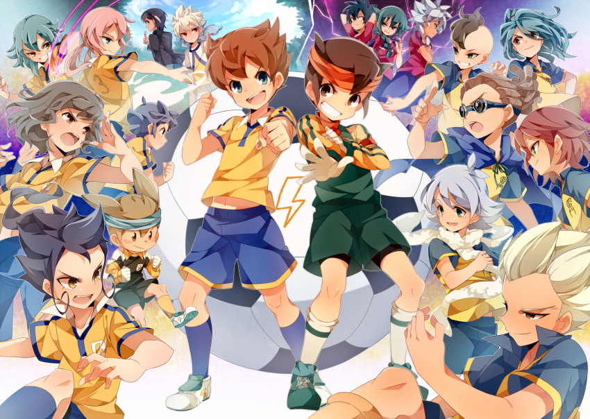 baddap_sleed ball crossover endou_mamoru eska_bamel everyone fubuki_shirou fudou_akio goalkeeper goggles gouenji_shuuya grin hakuryuu_(inazuma_eleven) headband highres inazuma_eleven inazuma_eleven_(series) inazuma_eleven_go kageyama_hikaru kariya_masaki kazemaru_ichirouta kidou_yuuto kirino_ranmaru kiyama_hiroto lightning_bolt matsukaze_tenma mistorene_callus multiple_boys nishizono_shinsuke ogre_(inazuma_eleven) open_mouth raglan_sleeves raimon scarf shindou_takuto shuu_(inazuma_eleven) smile soccer_ball soccer_uniform tsurugi_kyousuke umiko_(munemiu) unlimited_shining