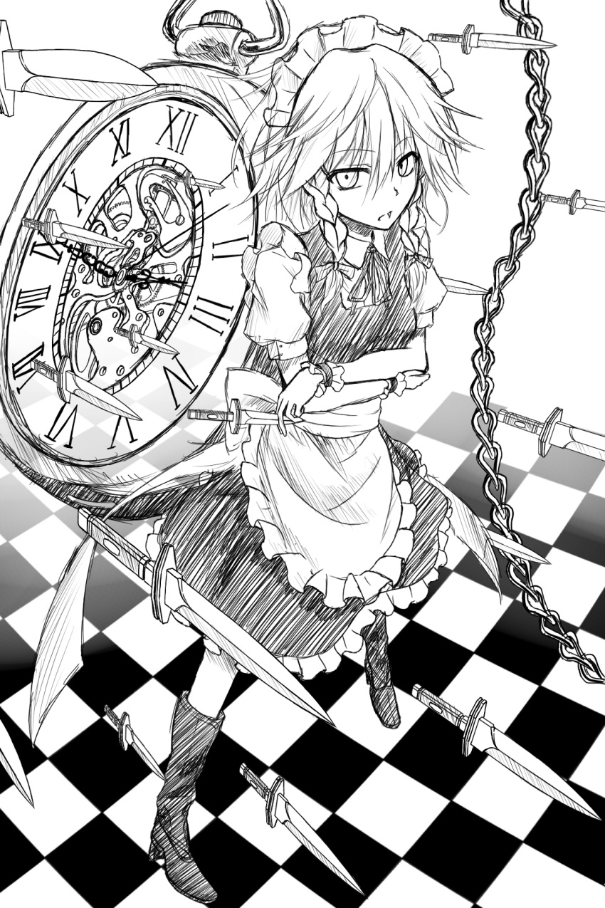 braid chain chains crossed_arms flask_(pandora) high_heels highres izayoi_sakuya knife looking_at_viewer maid maid_headdress monochrome open_mouth pocket_watch shoes solo touhou twin_braids watch