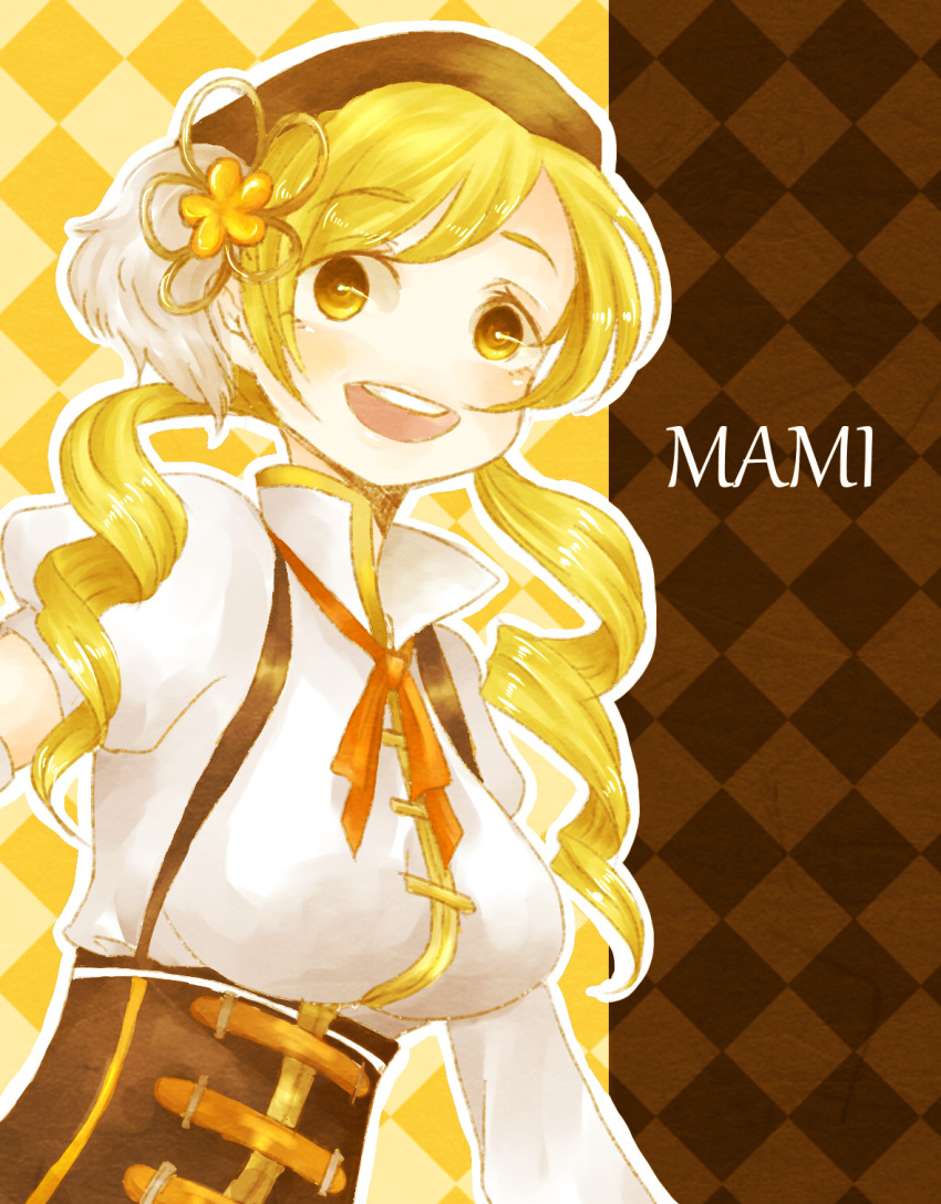 beret blonde_hair breasts character_name checkered checkered_background corset detached_sleeves drill_hair hair_ornament hat highres large_breasts magical_girl mahou_shoujo_madoka_magica open_mouth smile solo tomoe_mami ueno_marina yellow_eyes