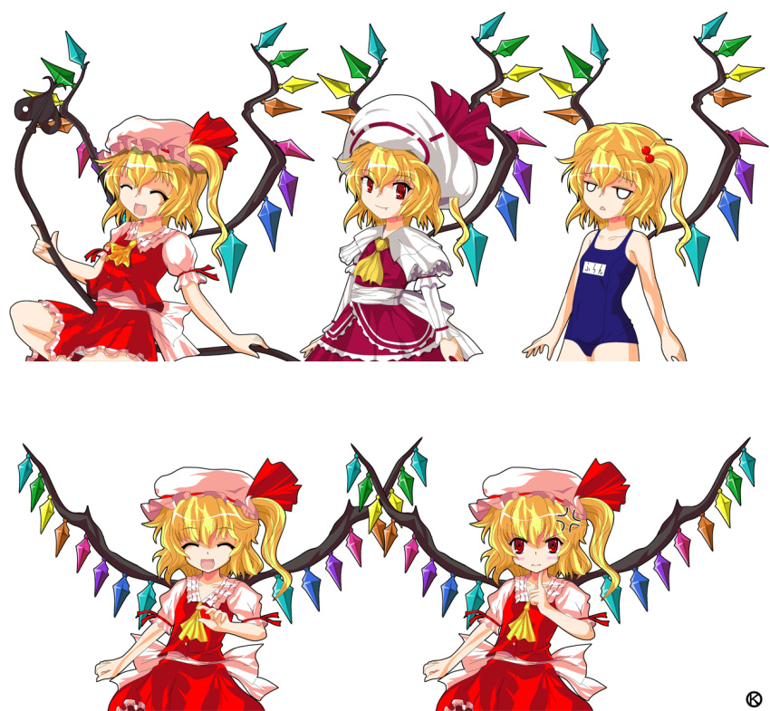 adapted_costume alphes_(style) anger_vein annoyed ascot blonde_hair fang flandre_scarlet hair_bobbles hair_ornament hat hat_ribbon highres kaoru_(gensou_yuugen-an) laevatein name_tag open_mouth parody pout red_eyes ribbon school_swimsuit short_hair side_ponytail simple_background skirt skirt_set smile solo style_parody swimsuit touhou white_background wings