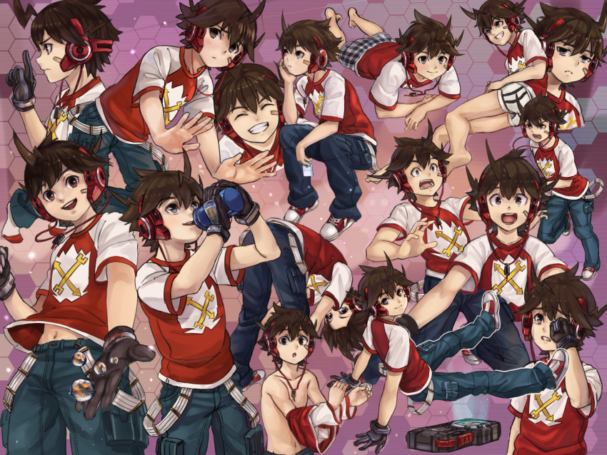 ahoge annoyed bandage bandages barefoot belt bent_over blush bored boxers brown_eyes brown_hair chin_rest chousoku_henkei_gyrozetter collage drinking eyes_closed frown gloves grin hand_on_face headphones highres jeans kujiranohane looking_at_viewer lying male multiple_views navel on_side on_stomach open_mouth short_hair smile solo surprised tears todoroki_kakeru underwear undressing