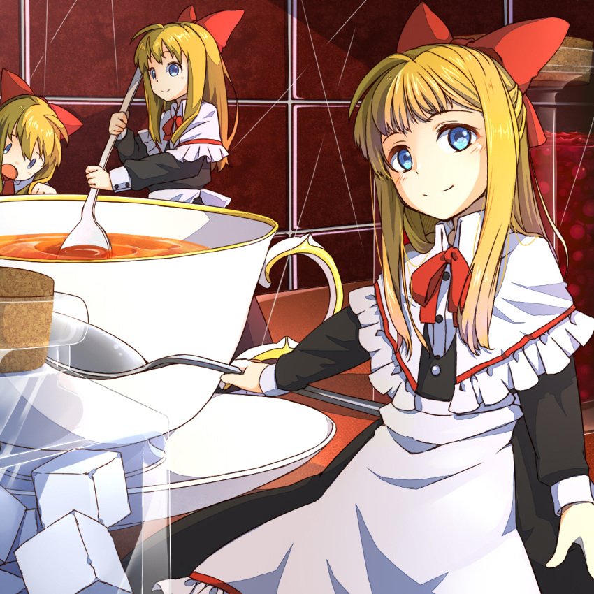 apron blonde_hair blue_eyes bottle bow capelet cup hair_bow highres long_hair multiple_girls ribbon saucer senhaku shanghai shanghai_doll smile spoon sugar tea teacup touhou