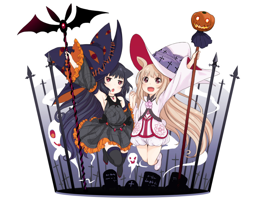 :d :o abe_kanari animal_ears arm_up armpits bare_shoulders black_hair black_legwear blonde_hair blush cat_ears detached_sleeves dress fang fangs ghost grave_stone halloween hat highres holding jack-o'-lantern jack-o'-lantern jewelry large_hat legs_up long_hair looking_at_viewer multiple_girls necklace open_mouth original pink_eyes pumpkin red_eyes smile spider_web_print staff thigh-highs thighhighs tombstone witch_hat
