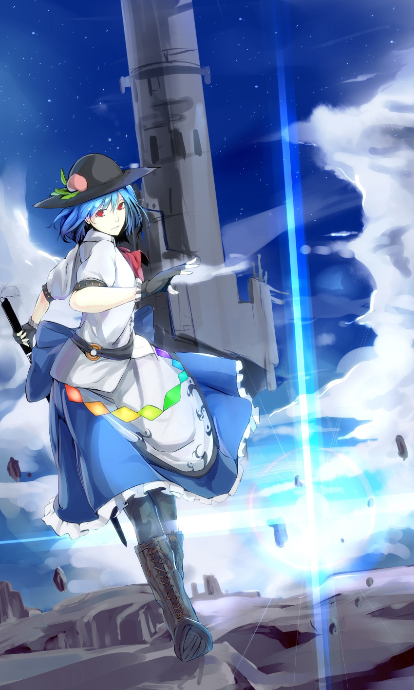 black_legwear blue_hair boots cloud clouds cross-laced_footwear food fruit hat highres hinanawi_tenshi lace-up_boots leaf open_mouth pantyhose peach puffy_sleeves red_eyes short_hair short_sleeves skirt sky sm5050 solo sword touhou weapon