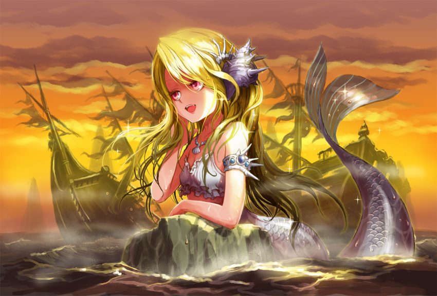 armlet blonde_hair broken cloud clouds conch debris destruction fangs giantess hand_on_own_face jewelry long_hair mermaid midriff monster_girl necklace ocean open_mouth original pink_eyes red_eyes scales shell ship shipwreck solo tail torn twilight ume_(illegal_bible) water