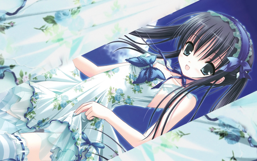 1girl artist_request bare_shoulders black_hair blue_dress bow character_request cloud copyright_request dress hair_ribbon highres long_hair looking_at_viewer open_mouth ribbon skirt skirt_lift sky solo twintails