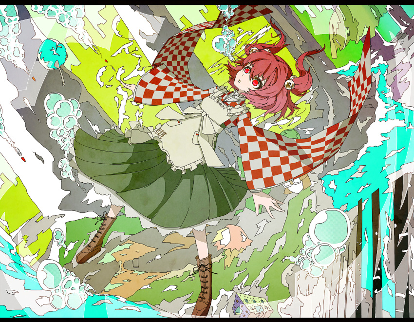 apron bell boots checkered checkered_shirt clothes_writing colorful cross-laced_footwear dutch_angle glowing glowing_eyes hair_bell hair_ornament japanese_clothes jingle_bell kimono kusakanmuri lace-up_boots letterboxed long_sleeves motoori_kosuzu open_mouth pink_hair red_eyes short_hair solo touhou twintails wide_sleeves