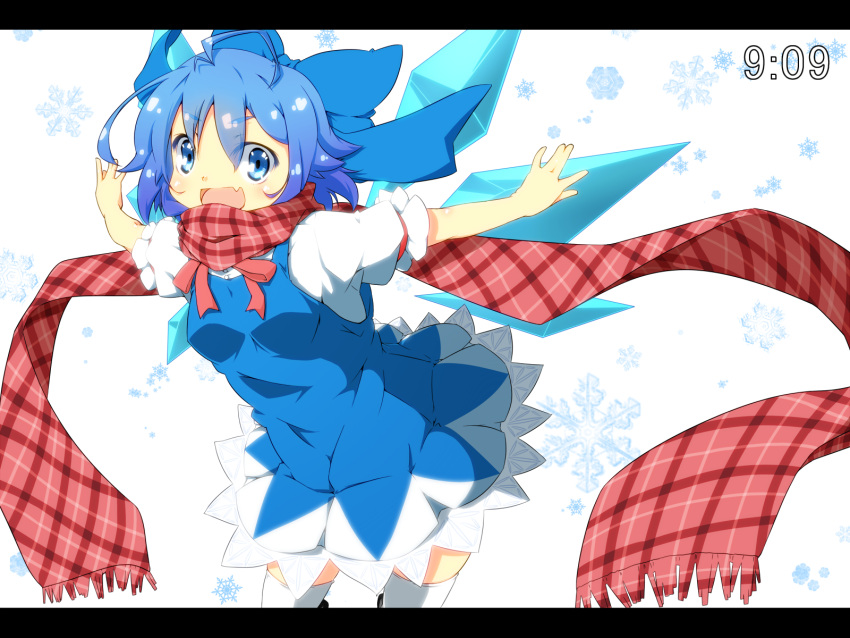 ahoge blue_dress blue_eyes blue_hair bow cirno dress fang hair_bow haruyonoto highres letterboxed open_mouth outstretched_arms scarf shirt short_hair short_sleeves smile solo thigh-highs thighhighs touhou white_legwear wings zettai_ryouiki