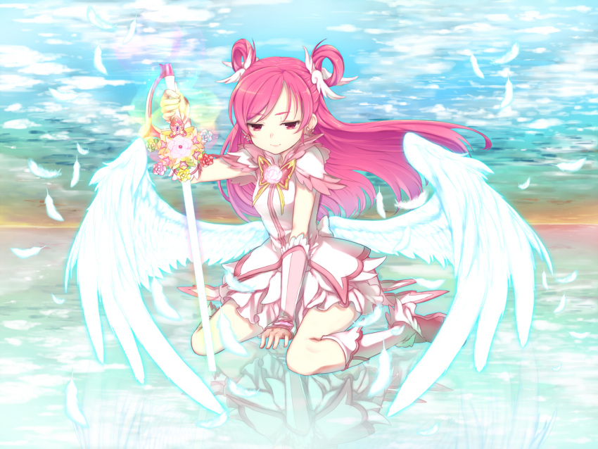 bare_shoulders clouds cure_dream cure_fleuret detached_sleeves dress feathers hair_rings holding long_hair magical_girl minazuki_randoseru pink_eyes pink_hair precure reflection sitting sky smile solo sword weapon white_wings wings yes!_precure_5 yumehara_nozomi