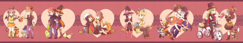 6+boys 6+girls absurdres alternate_costume animal_ears basket bat_wings black_hair black_legwear blonde_hair blue_(pokemon) blue_eyes blush bow brown_eyes brown_hair candy cape charmander chikorita couple cyndaquil double_bun dress fingerless_gloves glomp gloves green_hair hair_ornament hair_ribbon hairclip halloween haruka_(pokemon) hat hat_ribbon heart highres hikari_(pokemon) hue_(pokemon) hug jacket jun_(pokemon) kabocha_torute kotone_(pokemon) lollipop long_hair long_image mei_(pokemon) mudkip multiple_boys multiple_girls n_(pokemon) ookido_green oshawott piplup pokemon pokemon_(creature) pokemon_(game) pokemon_bw pokemon_bw2 pokemon_dppt pokemon_frlg pokemon_hgss pokemon_rse pokewood red_eyes red_hair redhead ribbon short_hair silver_(pokemon) sitting snivy spiked_hair spiky_hair squirtle striped striped_legwear swirl_lollipop tepig thigh-highs thighhighs top_hat torchic touko_(pokemon) trembling tsundere turtwig twintails wide_image wings witch_hat wristband yuuki_(pokemon) zorua