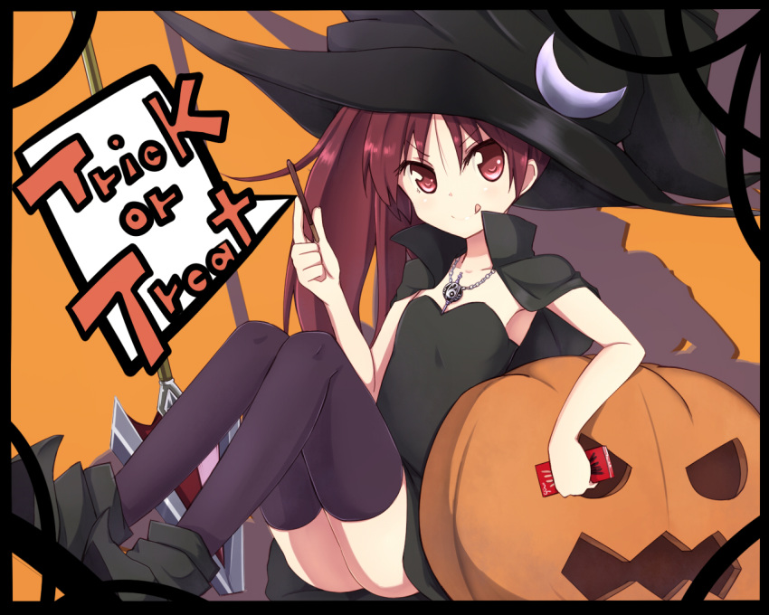 &gt;:) :q amano_(els573) grief_seed halloween hat jack-o'-lantern jack-o'-lantern jewelry mahou_shoujo_madoka_magica necklace pocky pumpkin red_eyes red_hair redhead sakura_kyouko solo thigh-highs thighhighs tongue trick_or_treat witch_hat