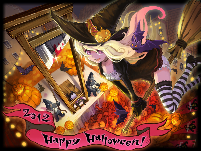 2girls axe bat black_gloves black_hair blonde_hair blood bloomers bow broom crowd dress flying gloves guillotine hair_bow hairband halloween happy_halloween hat house jack-o'-lantern jack-o'-lantern long_hair mary_janes multiple_girls open_mouth original pumpkin purple_eyes restrained rope shoes short_hair skirt smile striped striped_legwear thigh-highs thighhighs twintails ume_(illegal_bible) violet_eyes weapon witch witch_hat