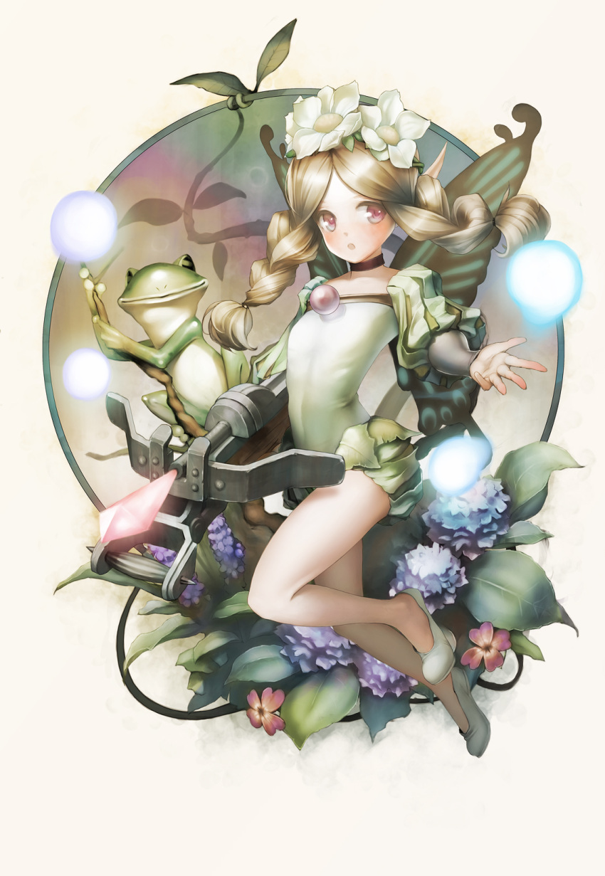 :o ataruman bare_legs blonde_hair braid butterfly_wings choker fairy flower frog full_body hair_flower hair_ornament hands highres hydrangea ingway leaf leaf_clothing long_hair mercedes odin_sphere puffy_sleeves red_eyes twin_braids weapon wings