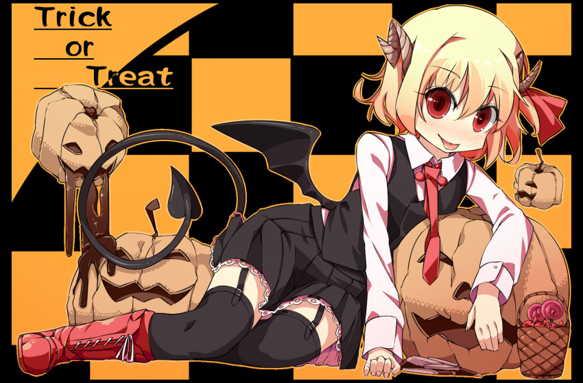 bat_wings black_legwear blonde_hair blush boots breasts checkered checkered_background chocolate demon_tail garter_straps hair_ribbon highres horns jack-o'-lantern jack-o'-lantern jpeg_artifacts large_breasts looking_at_viewer necktie outline red_eyes ribbon rumia shamo_(koumakantv) skirt solo tail thigh-highs thighhighs tongue tongue_out touhou wings