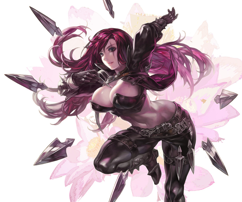 aoin aoin_(omegaboost) arm_up belt black_eyes black_gloves breasts cleavage flowers gloves highres holding katarina katarina_du_couteau knife large_breasts league_of_legends leg_up lips long_hair low_neckline navel red_hair redhead scar solo thigh_strap thighs weapon