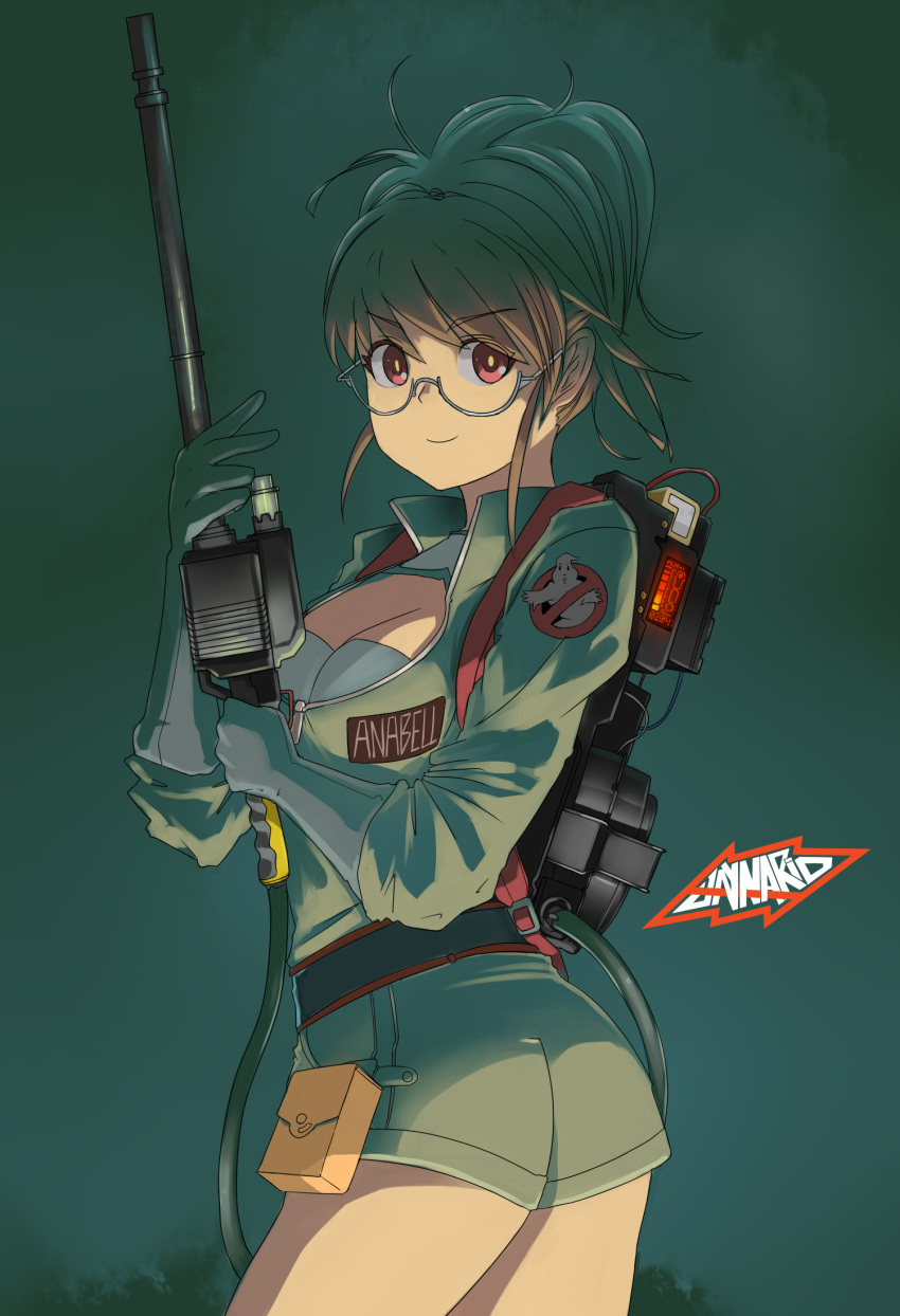 brown_eyes brown_hair ghostbusters glasses halloween highres no_symbol proton_pack short_hair solo