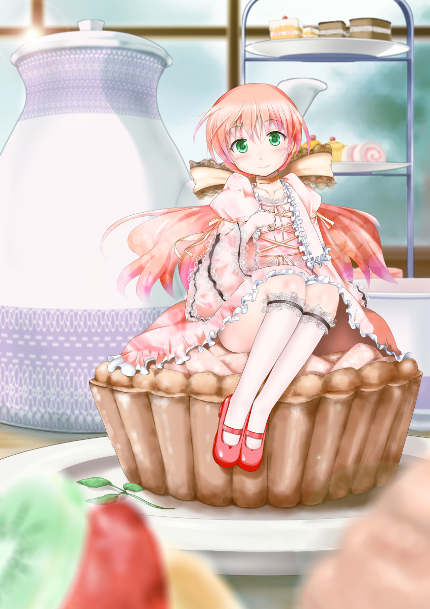 absurdres flat_chest food green_eyes highres looking_at_viewer mary_janes minigirl original pink_hair sch shoes short_hair sitting smile solo