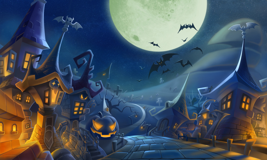 bat full_moon halloween highres jack-o'-lantern jack-o'-lantern landscape moon original pumpkin