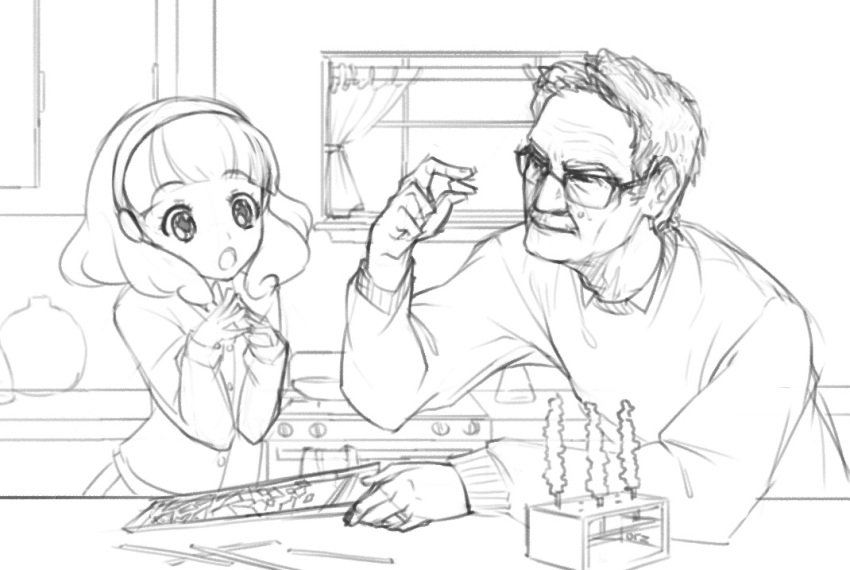 1boy 1girl breaking_bad candy chemistry crossover facial_hair glasses hairband kise_yayoi monochrome mustache orz_(orz57) precure science short_hair sketch smile_precure! sparkling_eyes sweater walter_white