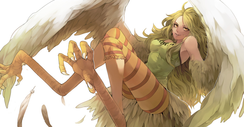 blonde_hair claws feathered_wings feathers green_hair harpy highres long_hair monet_(one_piece) monster_girl one_piece solo striped striped_legwear t-shirt teebohne wings yellow_eyes