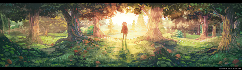 absurdres arsenixc branch brown_hair coat food forest fruit grass highres landscape letterboxed long_image looking_at_viewer mushroom nature original scarf scenery shadow short_hair solo standing sunlight tree tree_stump twintails wide_image