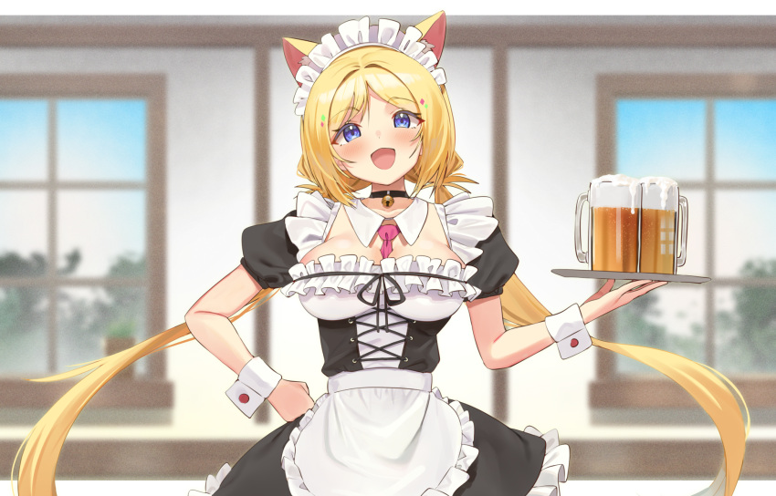1girl aki_rosenthal alcohol alternate_costume animal_ears apron bangs beer beer_mug bell between_breasts black_choker blonde_hair breasts cat_ears choker cup detached_collar enmaided eyebrows_visible_through_hair frilled_apron frills hand_on_hip highres hololive long_hair looking_at_viewer low_twintails maid maid_headdress mug neck_bell necktie necktie_between_breasts open_mouth parted_bangs pink_necktie puffy_short_sleeves puffy_sleeves short_sleeves smile solo tray twin_(tt_lsh) twintails upper_body very_long_hair violet_eyes virtual_youtuber waist_apron white_apron window wrist_cuffs