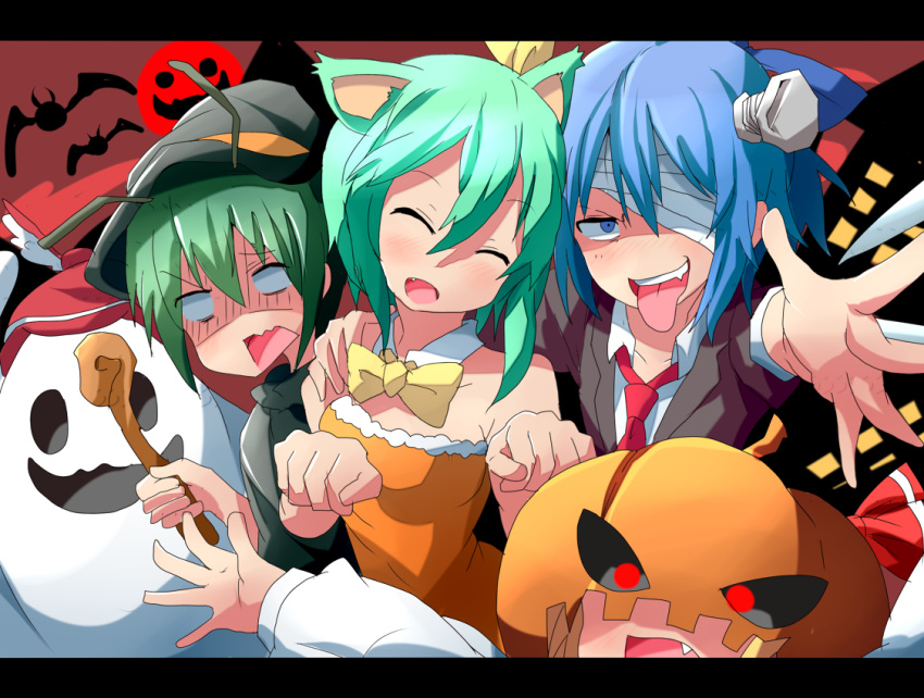 alternate_costume animal_ears antenna_hair antennae bandage_over_one_eye bat blank_eyes blonde_hair blue_eyes blue_hair bow bowtie cat_ears cirno closed_eyes cosplay daiyousei detached_collar dress eyes_closed fang formal frankenstein's_monster frankenstein's_monster ghost green_hair hair_bow hair_ribbon halloween hat house jack-o'-lantern jack-o'-lantern kuromu_(underporno) letterboxed multiple_girls mystia_lorelei necktie open_mouth orange_dress outstretched_arms paw_pose red_eyes ribbon rumia short_hair smile spread_arms suit team_9 tongue tongue_out touhou witch_hat wriggle_nightbug