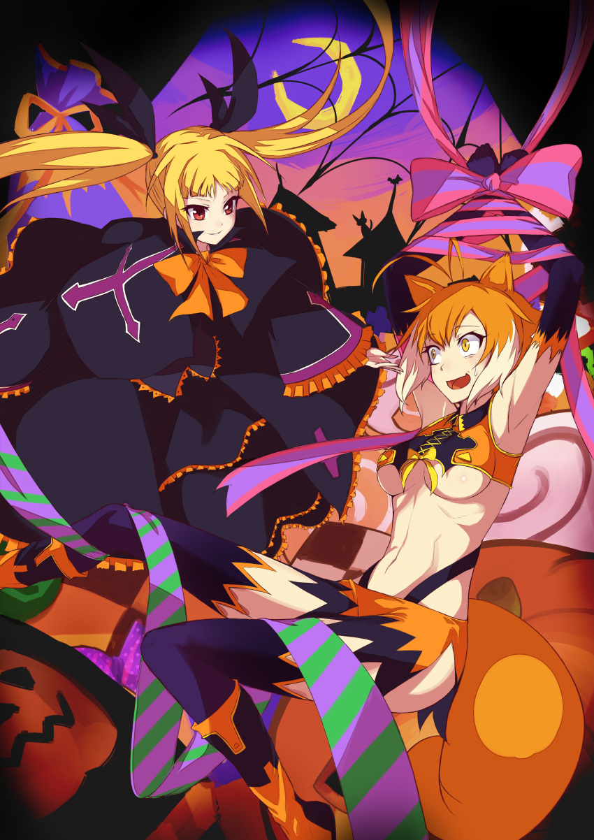 absurdres animal_ears antenna_hair armpits bare_shoulders blazblue blonde_hair boots breasts brown_hair crescent_moon cross gothic_lolita highres large_breasts lolita_fashion makoto_nanaya miniskirt moon multicolored_hair multiple_girls navel purinnssu rachel_alucard red_eyes ribbon short_hair skirt squirrel_ears squirrel_tail tail thigh-highs thighhighs tied twintails two-tone_hair under_boob underboob yellow_eyes