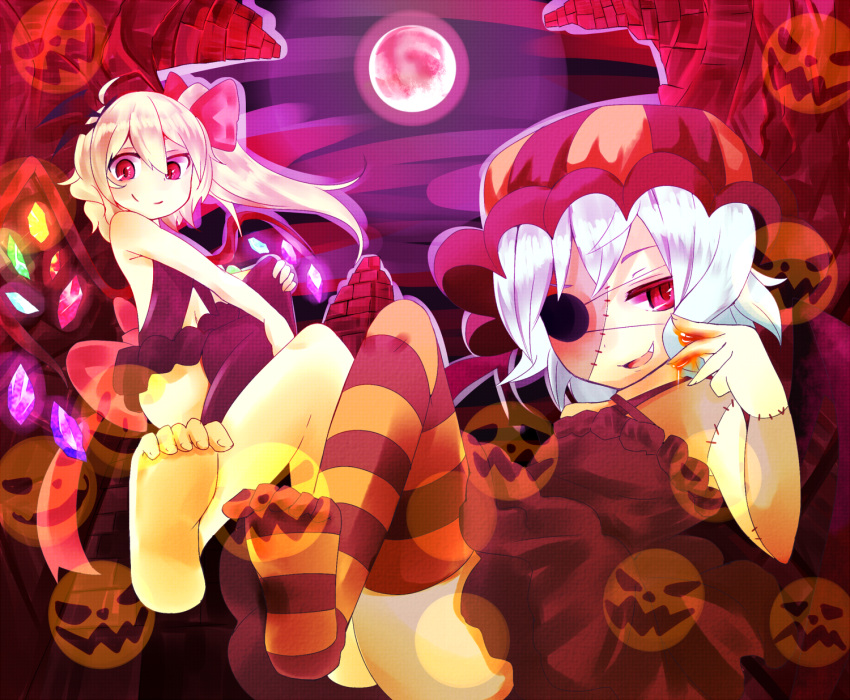 alternate_costume backless_outfit bare_arms bare_shoulders barefoot bat_wings blonde_hair dress eye_contact feet flandre_scarlet full_moon glowing glowing_wings hair_ribbon halloween hands_on_knees hat head_wings highres jack-o'-lantern jack-o'-lantern looking_at_another looking_at_viewer midriff moon multiple_girls navel navel_cutout no_shoes open_mouth pink_eyes purple_dress purple_legwear red_moon remilia_scarlet ribbon short_hair siblings side_ponytail silver_hair single_thighhigh sisters sitting smile smirk stitches striped striped_legwear thigh-highs thighhighs touhou wankoo-mikami wings zombie