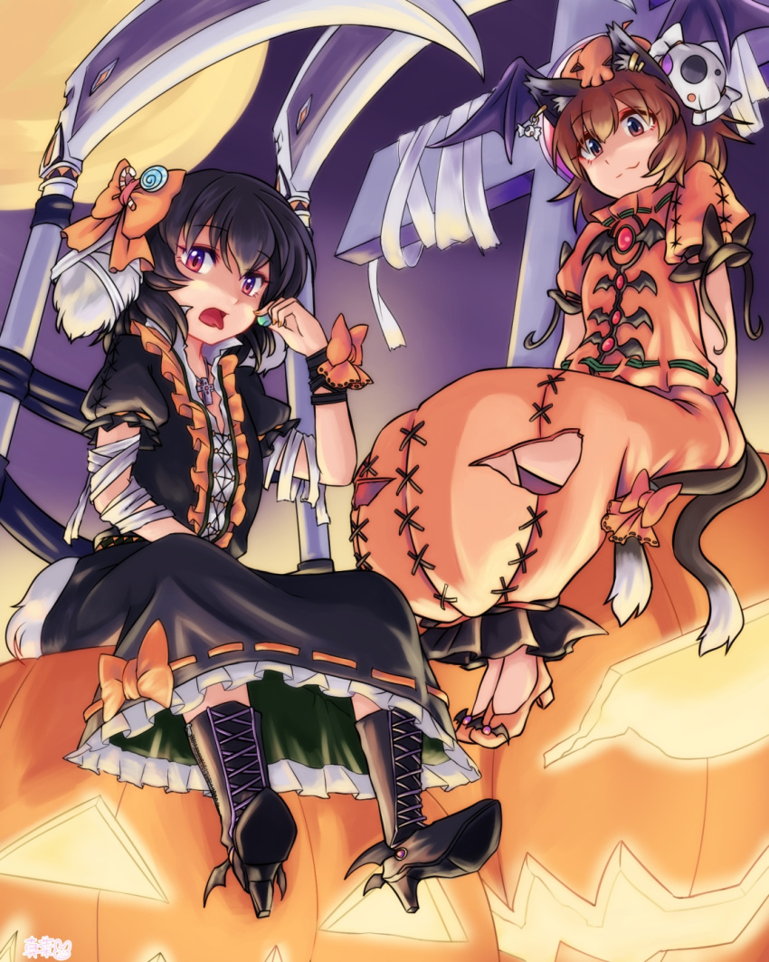 alternate_costume animal_ears bandage bandages black_hair boots bow brown_eyes brown_hair bunny_ears candy candy_cane cat_ears cat_tail chen cross cross-laced_footwear dress ear_piercing earrings hair_bow hair_ornament halloween halloween_costume hat head_wings highres inaba_tewi jack-o'-lantern jack-o'-lantern jewelry lollipop looking_at_viewer mana_(gooney) multiple_girls multiple_tails open_mouth piercing puffy_sleeves pumpkin_hat pumpkin_pants pumpkin_skirt rabbit_ears red_eyes scythe shirt short_hair short_sleeves sitting skirt skirt_set tail tail_bow tongue tongue_out touhou weapon wrist_ribbon