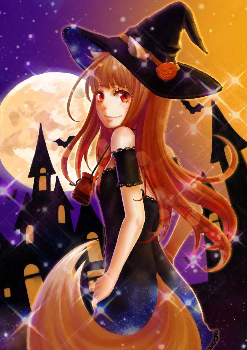 absurdres animal_ears bare_shoulders bat blush brown_hair castle dress full_moon halloween hat highres holo looking_at_viewer moon night red_eyes smile solo sparkle spice_and_wolf syrinxwell311 tail witch_hat wolf_ears wolf_tail