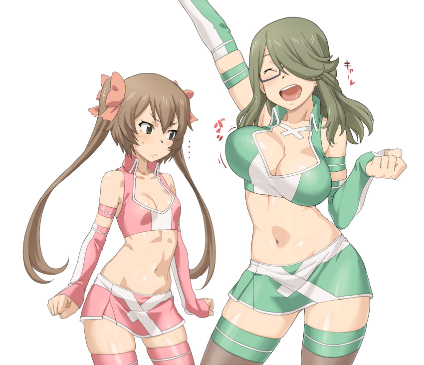 ... ^_^ arm_up bare_shoulders black-framed_glasses black_legwear blush bouncing_breasts bow breast_envy breasts brown_eyes brown_hair chousoku_henkei_gyrozetter cleavage closed_eyes crop_top detached_sleeves eyes_closed fingerless_gloves frown glasses gloves green_hair hair_bow hair_over_one_eye highres huge_breasts large_breasts long_hair midriff miniskirt multiple_girls navel open_mouth pantyhose pink_legwear race_queen semi-rimless_glasses shiny shiny_skin shoudou_kotoha simple_background skindentation skirt small_breasts solo standing striped striped_legwear sweatdrop tenchisouha thighhighs tsukisato_kirari twintails under-rim_glasses white_background zettai_ryouiki