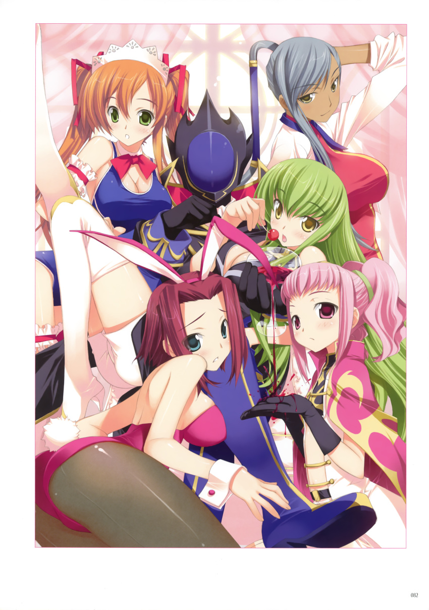5girls :o absurdres animal_ears anya_alstreim arm_garter ass back bare_shoulders belt blonde_hair blue_eyes blush boots bowtie breasts brown_eyes bunny_ears bunny_tail bunnysuit c.c. cape cherry chin_rest cleavage code_geass crossed_legs cup dark_skin detached_collar fake_animal_ears flat_chest food frown fruit fujima_takuya gloves green_eyes green_hair hair_ribbon high_heels highres kallen_stadtfeld large_breasts leg_up legs_crossed long_hair long_sleeves looking_back lying maid_headdress mask military military_uniform multiple_girls on_back one-piece_swimsuit open_mouth orange_hair pantyhose pink_eyes pink_hair ponytail pose rabbit_ears red_hair redhead ribbon scan shiny shiny_clothes shirley_fenette shoes short_hair shorts silver_hair sitting sitting_on_lap sitting_on_person smile spill swimsuit tail thigh-highs thigh_boots thighhighs twintails uniform villetta_nu white_legwear wine wine_glass wrist_cuffs yellow_eyes zero_(code_geass) zettai_ryouiki