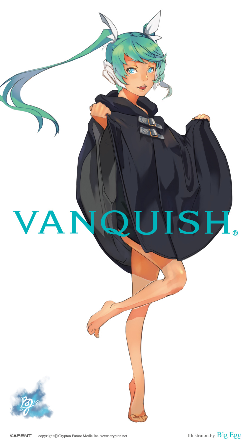 aqua_eyes aqua_hair barefoot bigegg fashion hair_ornament hatsune_miku highres long_hair looking_at_viewer open_mouth simple_background smile solo toes twintails typo vocaloid