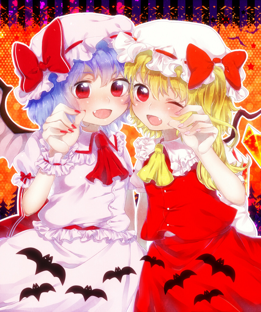 ascot bat blonde_hair blue_hair cheek-to-cheek fang flandre_scarlet hat hat_ribbon highres looking_at_viewer multiple_girls onyuuuu open_mouth pink_nails puffy_sleeves red_eyes red_nails remilia_scarlet ribbon shirt short_hair short_sleeves siblings side_ponytail sisters skirt skirt_set smile touhou wink wrist_cuffs wrist_ribbon