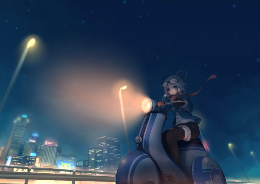 blue_eyes city driving gloves goggles highres lamppost looking_at_viewer luo_tianyi motor_vehicle motorcycle need6699955 night scarf sky star star_(sky) thigh-highs thighhighs vehicle vocaloid zettai_ryouiki