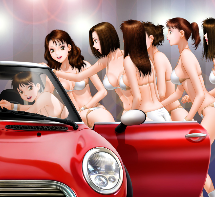 ass bikini blush breasts brown_eyes brown_hair car cleavage highres large_breasts lens_flare lips long_hair looking_back midriff mini_cooper motor_vehicle multiple_girls open_mouth original parted_lips ponytail short_hair skindentation smile strap_gap swimsuit twintails vehicle wristband yui_toshiki