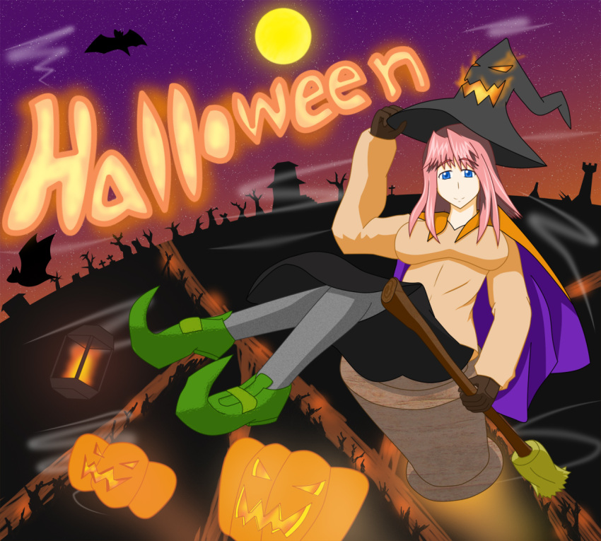 1girl anemone11 blue_eyes broom broom_riding full_moon gloves grave grey_legwear halloween hat holding jack-o'-lantern jack-o'-lantern lantern looking_at_viewer moon mortar original pantyhose pink_hair pumpkin shadow short_hair skirt sky smile solo witch witch_hat