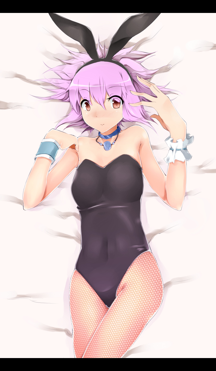 absurdres animal_ears bare_shoulders breasts bunny_ears bunny_girl bunnysuit fake_animal_ears fishnet_pantyhose fishnets highres jewelry lying minagokoro necklace pantyhose pink_hair rabbit_ears red_eyes saigyouji_yuyuko short_hair smile solo touhou wrist_cuffs