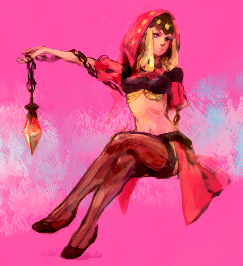 blonde_hair chain chains crossed_legs domodesu full_body gem highres hood legs_crossed midriff odin_sphere outstretched_arm pink pink_background puff_and_slash_sleeves sitting striped striped_legwear thigh-highs thighhighs velvet_(odin_sphere) vertical-striped_legwear vertical_stripes