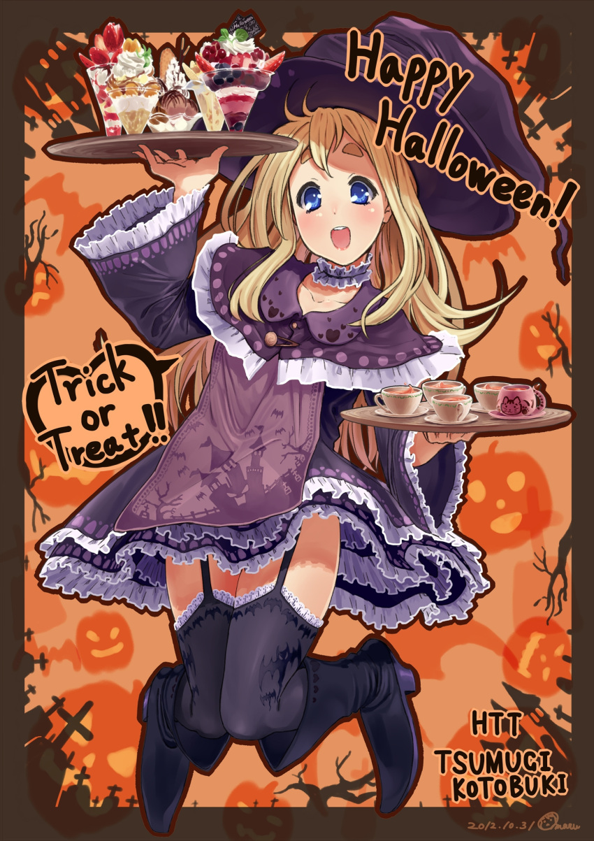 2012 :d alternate_costume bat_print black_legwear blonde_hair blue_eyes blush boots capelet character_name cup dated garter_straps grave_stone halloween happy_halloween hat highres jack-o'-lantern k-on! kotobuki_tsumugi long_hair omaru_gyuunyuu open_mouth parfait smile solo teacup thigh-highs thighhighs tombstone tray trick_or_treat witch_hat