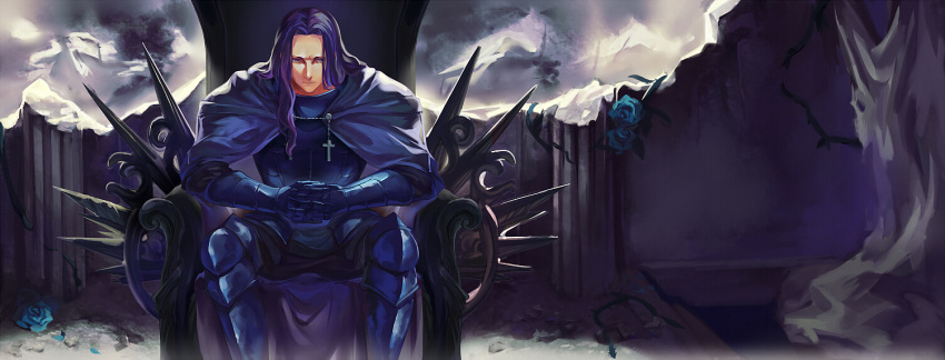 armor berserker_(fate/zero) breastplate cape fate/zero fate_(series) faulds gauntlets greaves highres long_hair purple_hair rifsom sitting solo spoilers throne