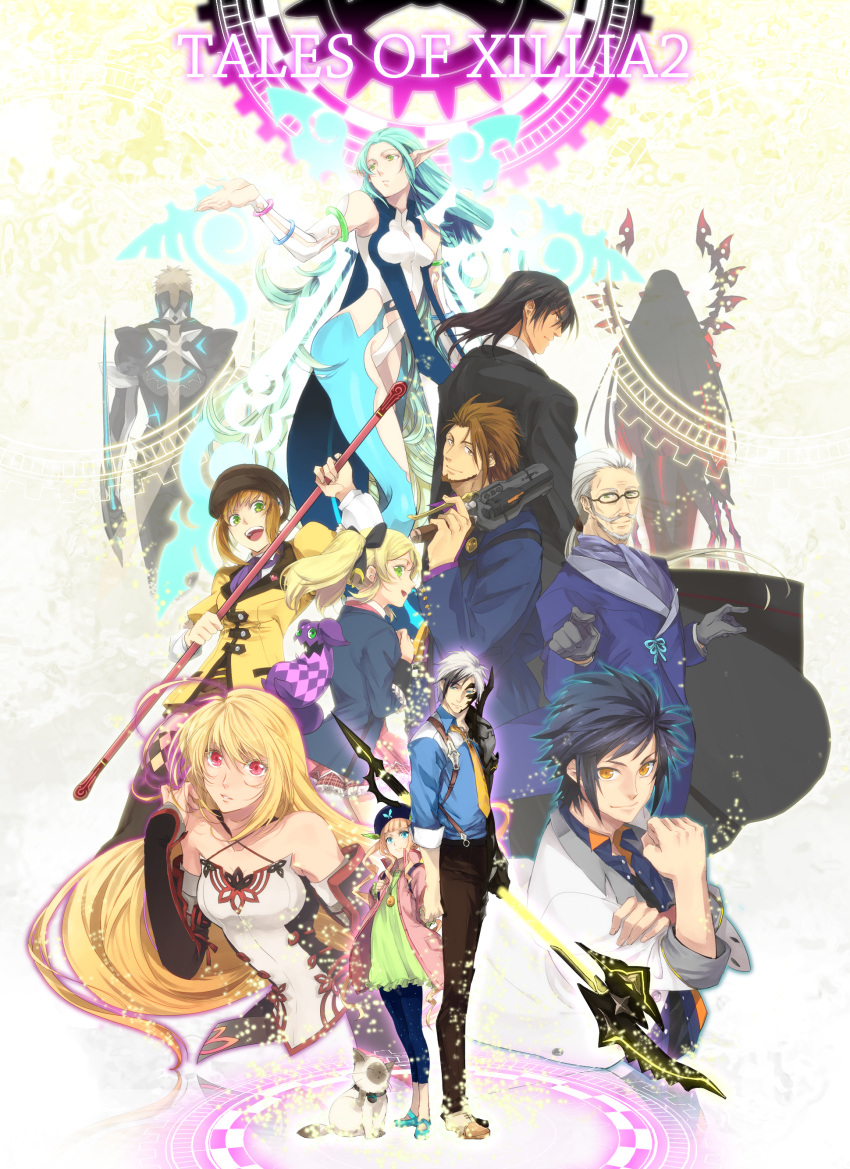 5girls absurdres alvin_(tales_of_xillia) axe black_hair blazer blonde_hair blue_hair brown_eyes brown_hair capri_pants character_request clenched_hand coat elise_lutus elle_mel_martha everyone gaias glasses gloves green_eyes gun hat highres jude_mathis leia_roland long_hair ludger_will_kresnik lulu_(tales_of_xillia_2) matsuya29 milla_(tales_of_xillia_2) milla_maxwell multicolored_hair multiple_boys multiple_girls muse_(tales_of_xillia) necktie pants red_eyes rideau rowen_j._ilbert shoes short_hair smile spoilers tales_of_(series) tales_of_xillia tales_of_xillia_2 tipo_(xillia) title_drop twintails two-tone_hair weapon white_hair