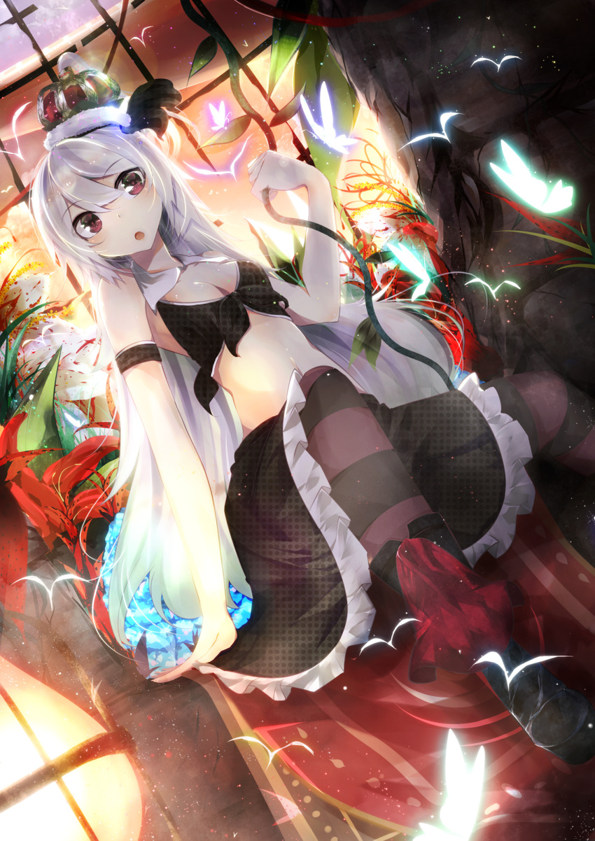 :o arm_ribbon boots breasts butterfly chair cleavage crown flower glowing hair_ribbon highres long_hair looking_at_viewer midriff navel nmaaaaa open_mouth original pantyhose polka_dot_skirt red_eyes ribbon silver_hair sitting skirt solo striped striped_legwear tied_shirt vines window