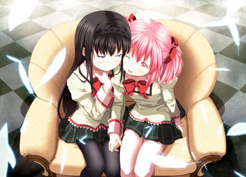 ;d akemi_homura black_hair black_legwear blue_eyes bow checkered checkered_floor couch feathers from_above hairband hand_holding highres holding_hands kaname_madoka long_hair mahou_shoujo_madoka_magica multiple_girls open_mouth pantyhose pink_eyes pink_hair school_uniform seifuku sitting skirt smile thighhighs tsukumo twintails wink yuri