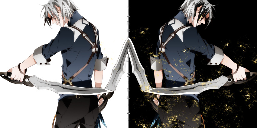 black_background black_hair dual_persona dual_wielding grey_hair ludger_will_kresnik male multicolored_hair pants rasshel reverse_grip solo sword symmetry tales_of_(series) tales_of_xillia tales_of_xillia_2 title_drop two-tone_hair weapon white_background