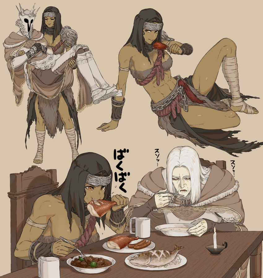 1boy 1girl abs arizuka_(catacombe) armlet armor bandaged_leg bandages barefoot bracer breasts brown_eyes candle cape carrying chain chain_belt closed_eyes covered_face crown cup dark-skinned_female dark_skin eating elden_ring food full_armor fur_bra fur_trim gauntlets gideon_ofnir grey_hair headwear_removed helmet helmet_removed highres holding holding_food holding_spoon large_breasts long_hair looking_at_viewer meat mug muscular muscular_female navel nepheli_loux open_mouth princess_carry revealing_clothes rope short_hair shoulder_armor smile soup spoon table vambraces white_hair